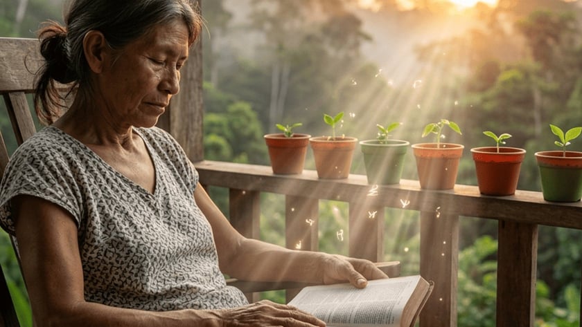 Mulher idosa lê um livro numa varanda de madeira, com vasos de mudas ao lado.
