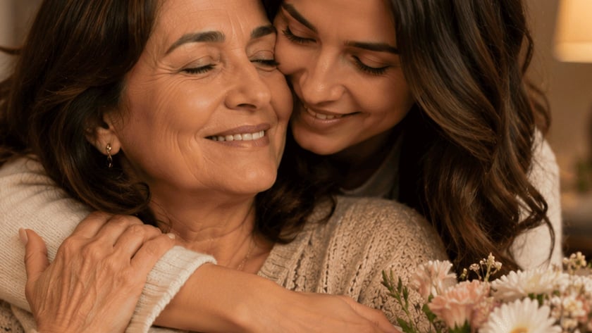 Mulher jovem abraça por trás uma mulher mais velha, com buquê de flores em primeiro plano.
