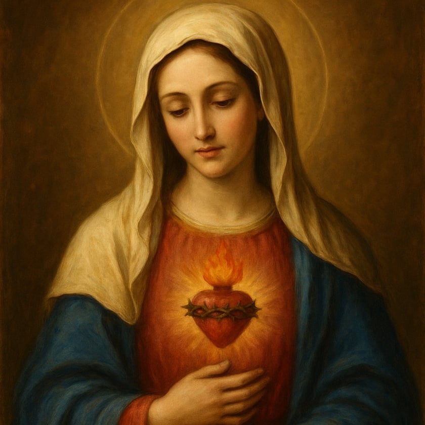 Mulher de véu claro e manto azul, com halo, mão sobre coração flamejante coroado de espinhos.