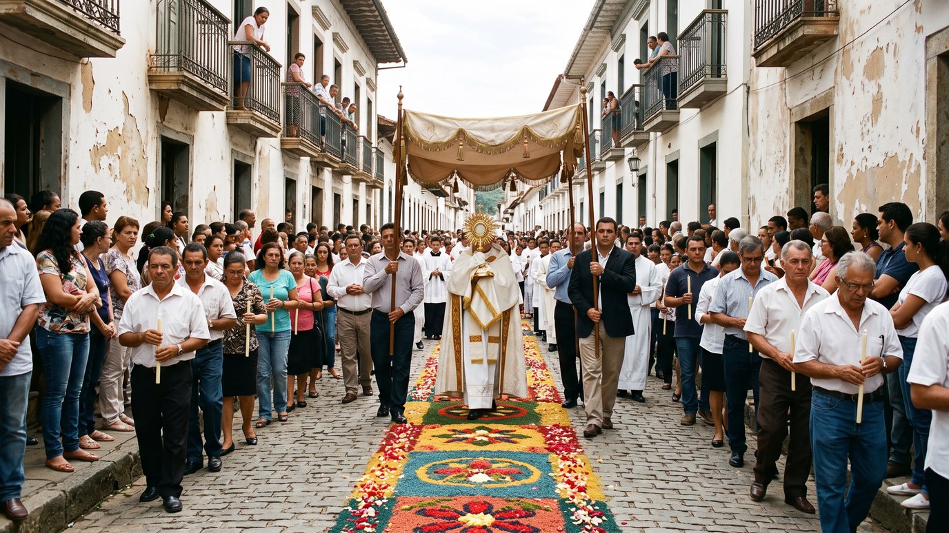 Padre sob dossel carrega a custódia em procissão sobre tapete de flores, entre fiéis na rua.