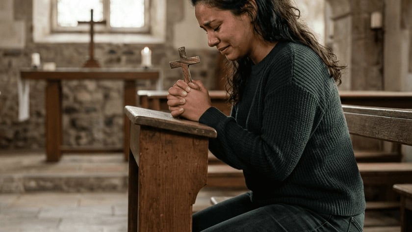 Mulher de cabelo escuro, com uma cruz de madeira nas mãos