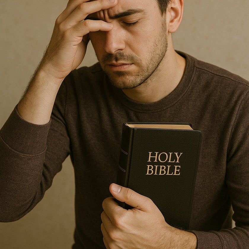Homem de olhos fechados, com a mão na testa, segura uma Bíblia: "HOLY BIBLE".