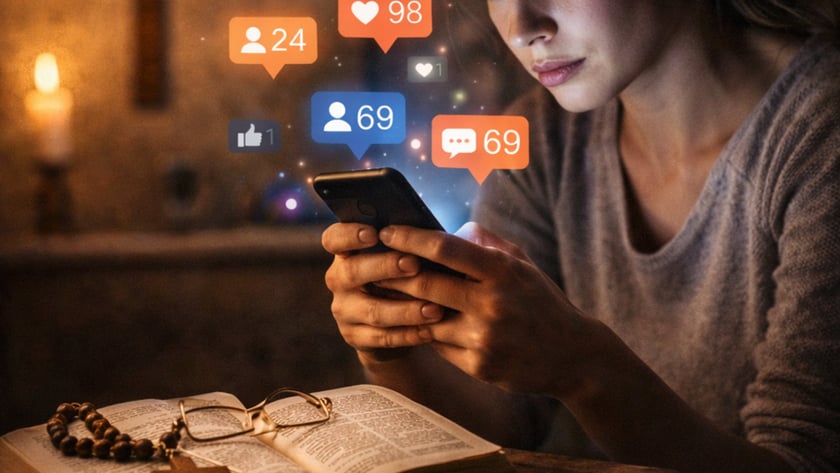 Mulher olha o celular, com ícones de curtidas e comentários flutuando