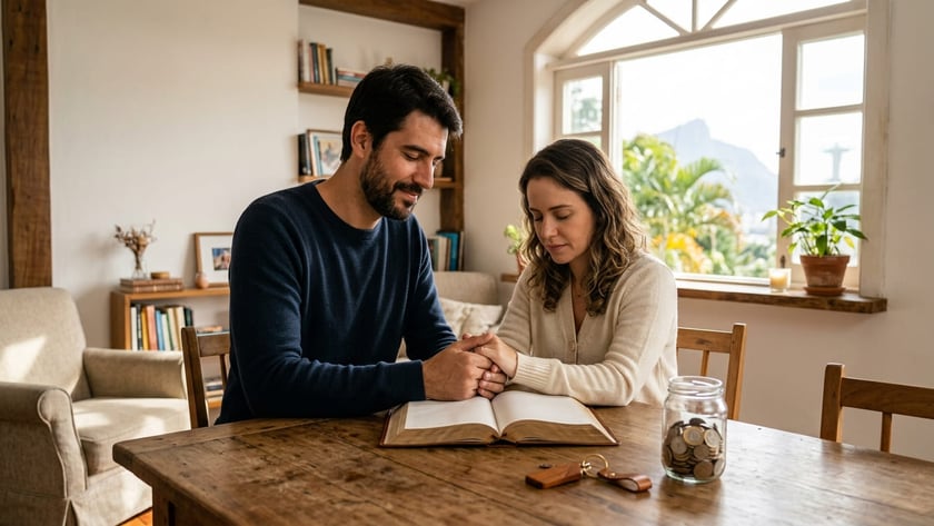 Homem e mulher de mãos dadas e olhos fechados sobre um livro aberto, à mesa.