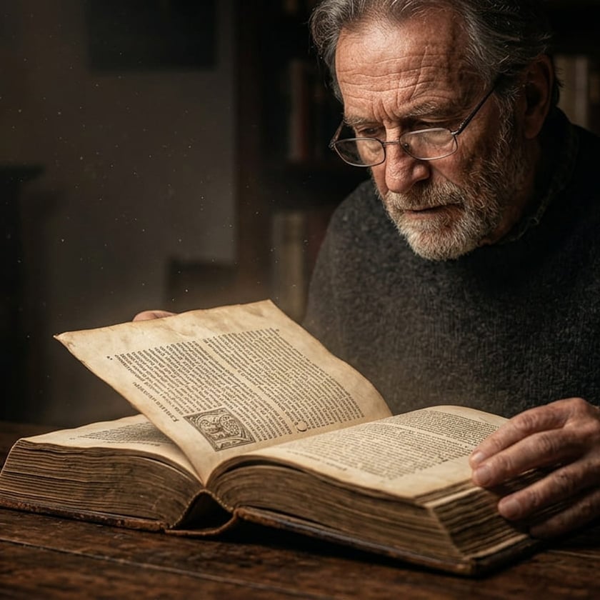 Homem idoso de barba e óculos lê um livro antigo aberto sobre uma mesa de madeira.