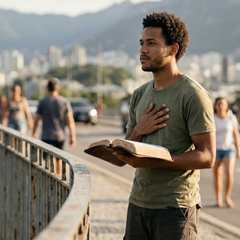 Homem de camiseta verde segura uma Bíblia aberta e põe a mão no peito, numa ponte.