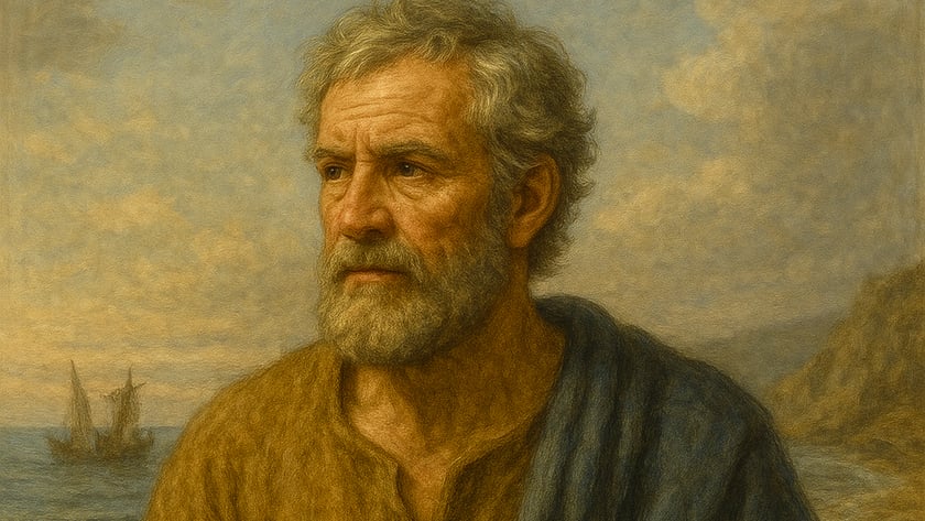 Homem idoso de barba grisalha segura uma grande chave dourada diante do mar e de um barco.
