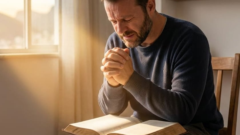 Homem de barba sentado numa cadeira de madeira, com as mãos unidas sobre uma Bíblia aberta.