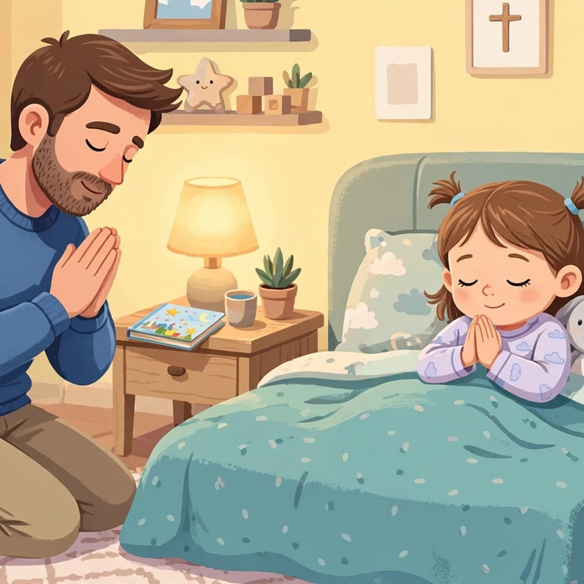 Pai ajoelhado e menina deitada na cama rezam de mãos juntas no quarto.