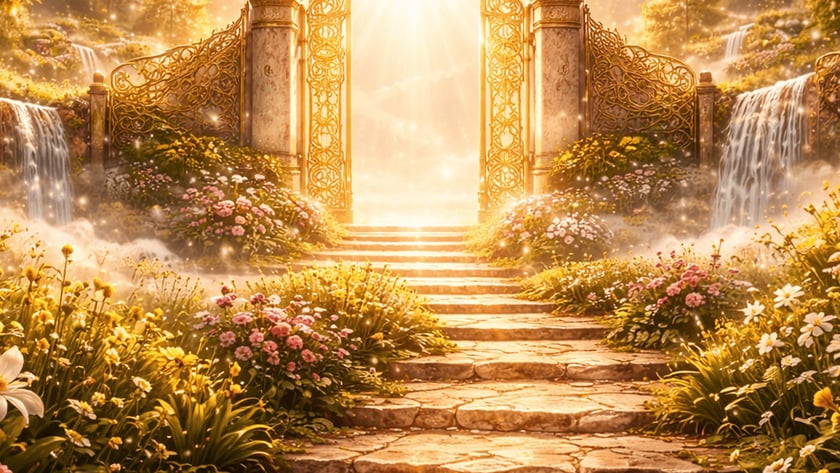 Escadaria de pedra entre flores leva a portões dourados abertos, com cachoeiras ao lado.