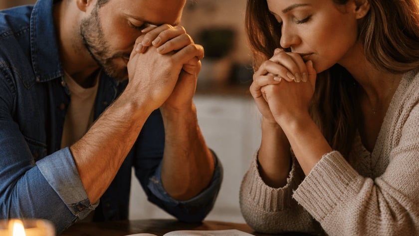 Homem e mulher de mãos unidas e olhos fechados rezando à mesa, com Bíblia aberta.