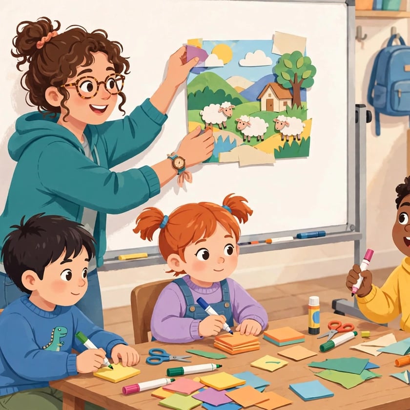 Professora prende colagem de ovelhas no quadro enquanto três crianças desenham em papéis coloridos