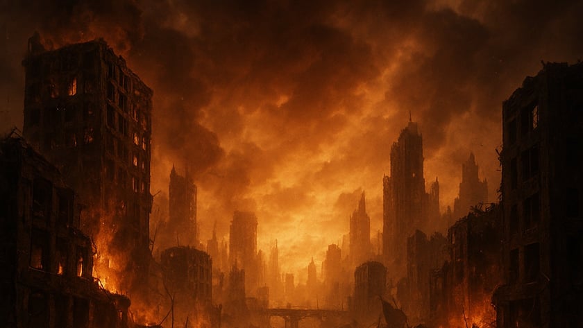 Cidade em ruínas com prédios destruídos pegando fogo e fumaça densa cobrindo o céu.