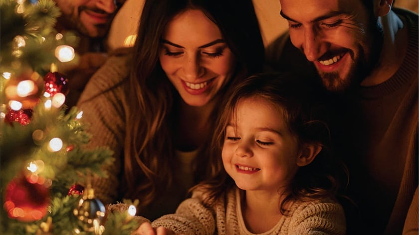 Família com uma menina decora árvore de Natal enfeitada com bolas vermelhas e luzes.