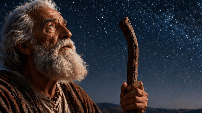 Homem idoso de barba branca segura um cajado e olha o céu estrelado.