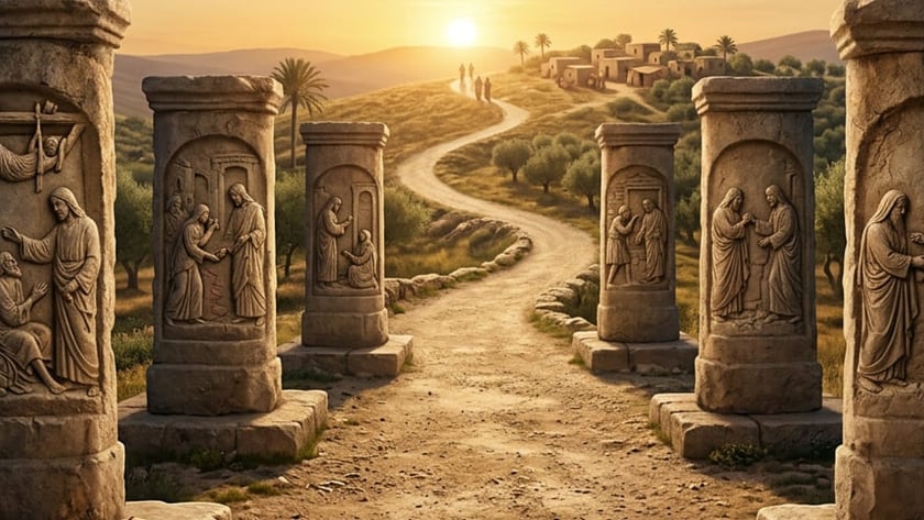 Colunas de pedra esculpidas ladeiam um caminho de terra que leva a uma vila ao pôr do sol.