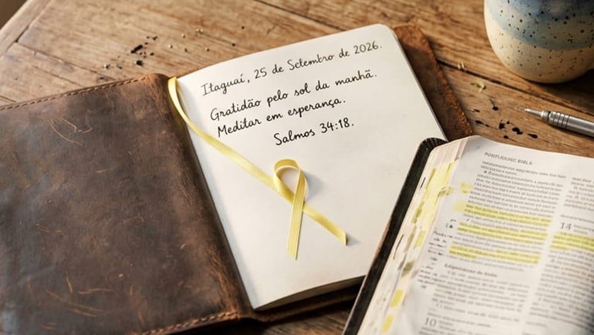 Bíblia grifada, caderno com laço amarelo e xícara de café na mesa