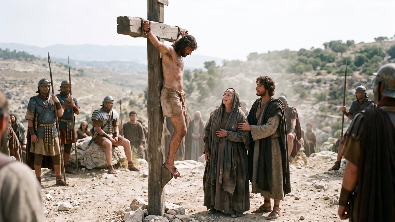 Homem crucificado, com soldados romanos e duas pessoas ao lado, em colina rochosa.
