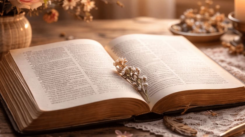 Livro aberto com flor seca entre as páginas, sobre mesa de madeira com vela e flores.