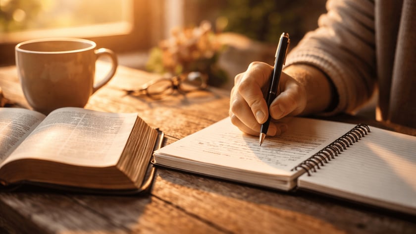 Mão segurando uma caneta escreve em caderno, ao lado de Bíblia aberta e xícara.