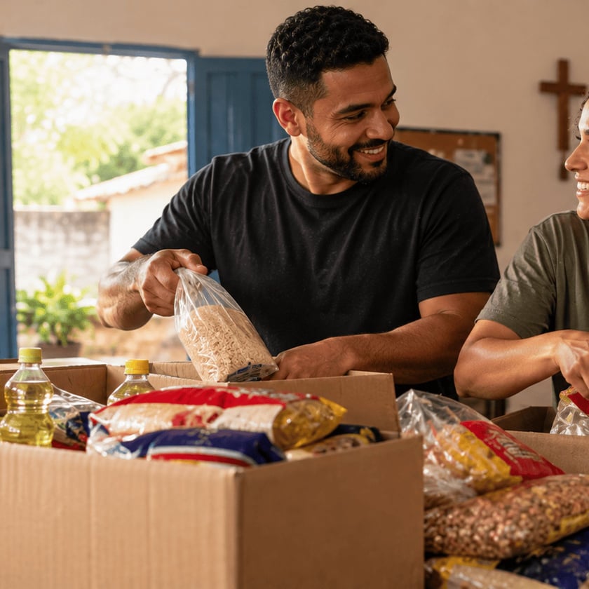 Dois voluntários sorridentes organizam alimentos em caixas de papelão