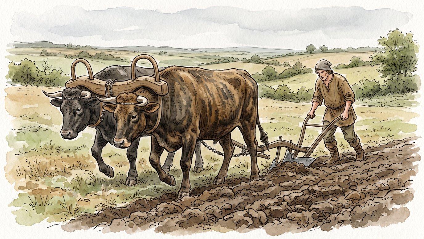 Camponês medieval ara a terra com dois bois e um arado de madeira no campo.