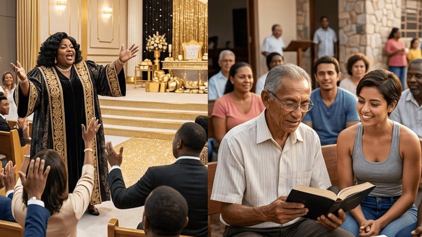 Pregadora de manto dourado em templo luxuoso, ao lado de grupo lendo a Bíblia ao ar livre.