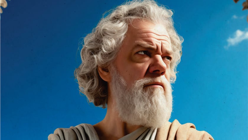 Homem idoso de barba branca e cabelo cacheado, usando túnica, olha para o lado sob o céu azul.