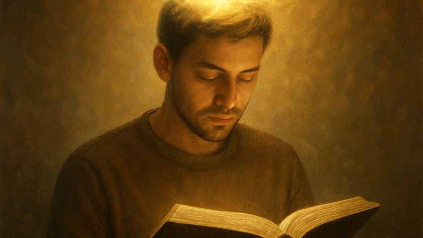 Homem de barba curta lê um livro aberto, com um brilho dourado sobre a cabeça.