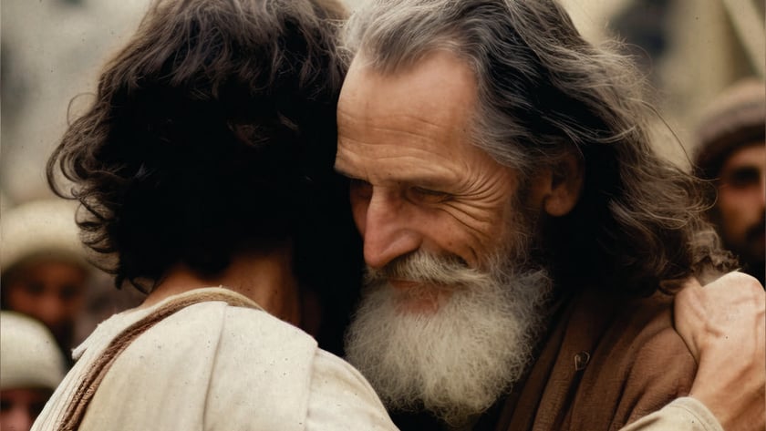 Dois homens de túnicas simples se abraçam, um idoso de barba branca sorrindo