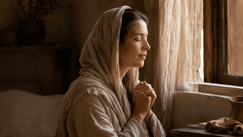 Mulher de manto claro na cabeça, com as mãos unidas e olhos fechados, ao lado de uma janela.