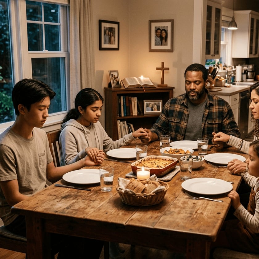 Família de mãos dadas e olhos fechados, rezando à mesa de jantar na cozinha.