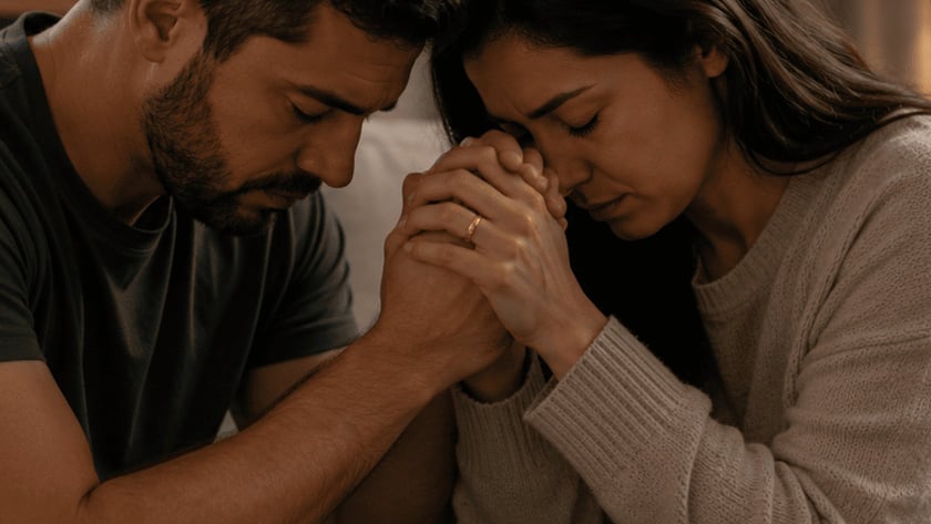 Homem e mulher sentados num sofá, de cabeças encostadas e mãos entrelaçadas, de olhos fechados.