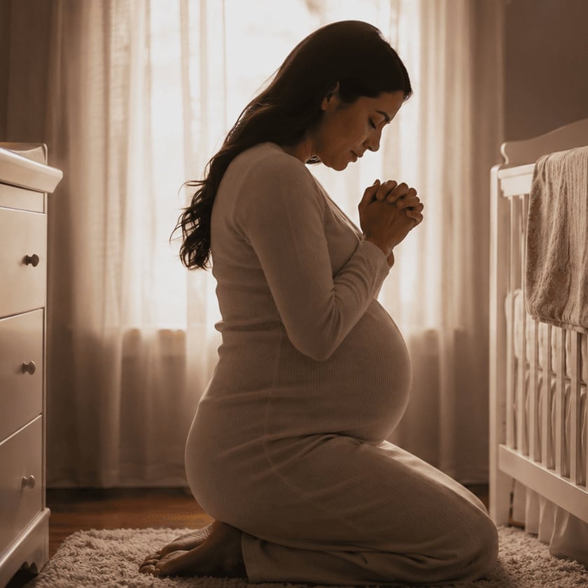 Mulher grávida ajoelhada com as mãos unidas, de olhos fechados, em um quarto de bebê.