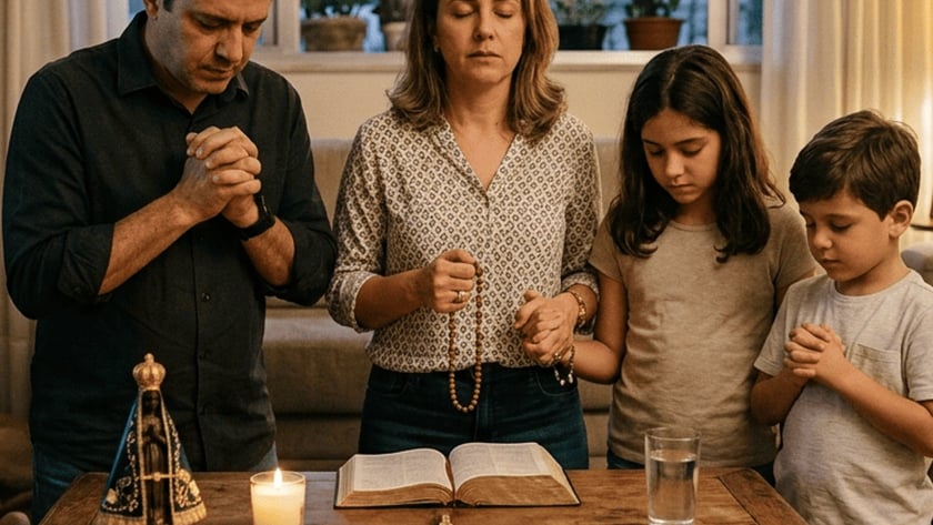 Família de quatro pessoas ajoelhada reza ao redor de mesa com Bíblia, vela e crucifixo.