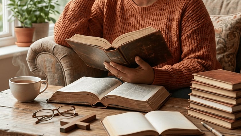 Mulher de suéter laranja segura um livro e olha pela janela, ao lado de uma mesa com livros.