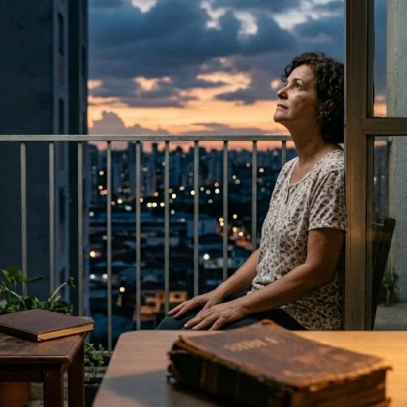 Mulher de cabelo cacheado sentada na varanda de um apartamento, olhando para o céu ao entardecer.