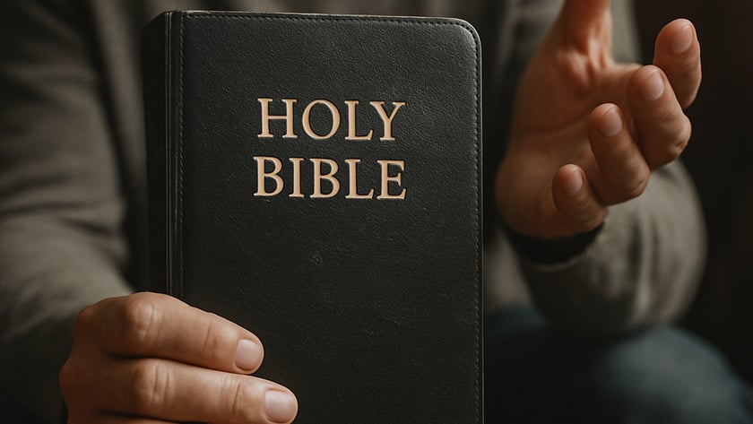 Homem de camiseta cinza segura uma Bíblia preta e gesticula com a outra mão: "HOLY BIBLE".