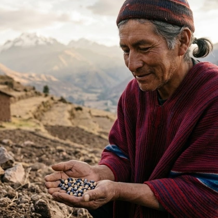 Homem de gorro e poncho vermelho segura sementes nas mãos, em terreno de montanha.
