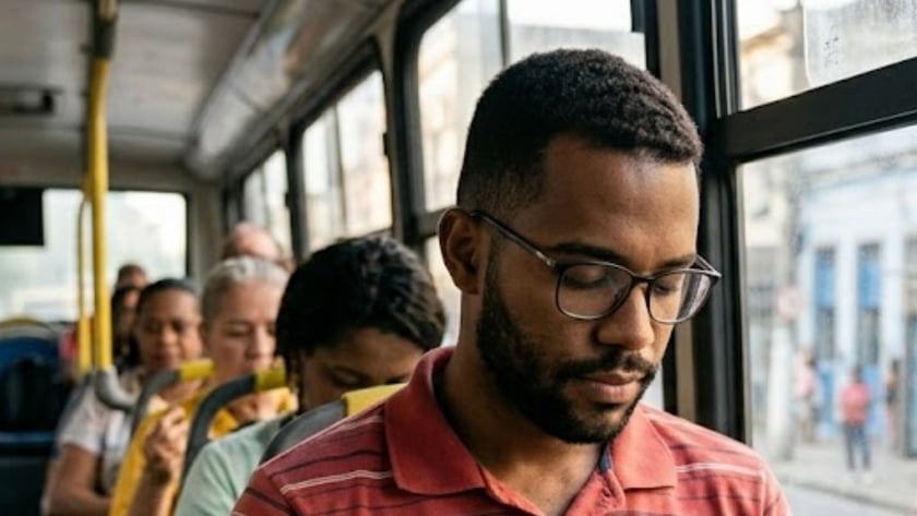 Homem de óculos e barba segura uma Bíblia junto ao peito dentro de um ônibus.
