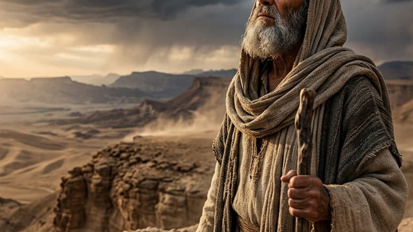Homem idoso de barba grisalha, com manto e cajado, olha o céu em um deserto.
