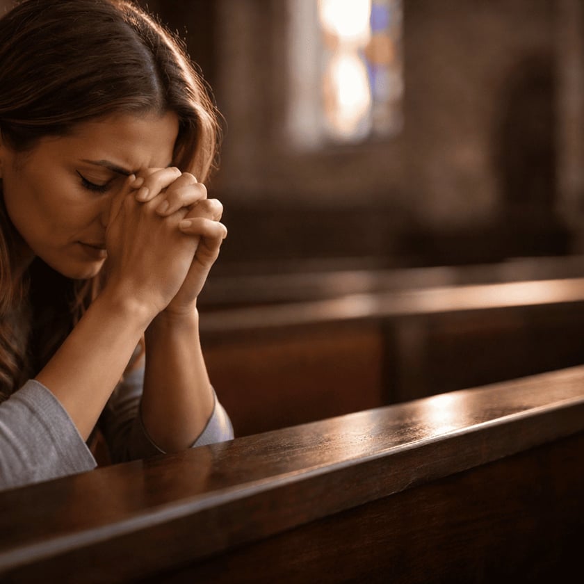 Mulher de cabelos castanhos com as mãos unidas junto à testa, orando em um banco de igreja.