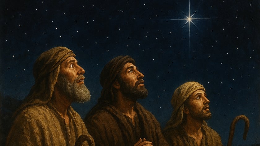 Três homens de turbante e manto, com cajados, olham para uma estrela brilhante no céu noturno.