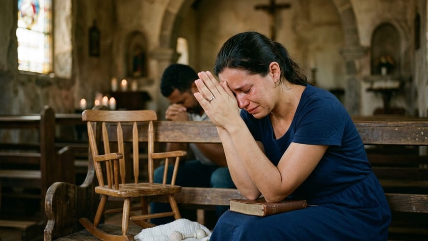 Mulher chora de mãos juntas em igreja, com cadeira de balanço infantil no banco.