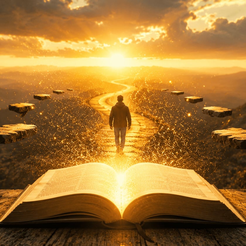 Homem caminha por uma estrada sinuosa que sai de um livro aberto, rumo ao pôr do sol.