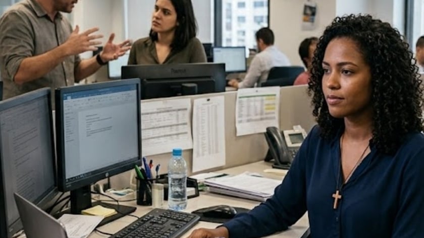 Mulher de blusa azul-marinho e cruz no pescoço trabalha em escritório com Bíblia aberta na mesa.