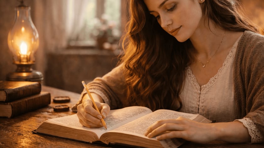 Mulher de cabelo castanho ondulado escreve a lápis em um livro aberto sobre uma mesa de madeira.