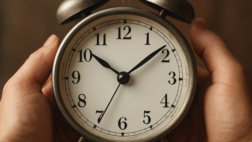 Duas mãos seguram um despertador clássico de metal com dois sinos, marcando 10h08.
