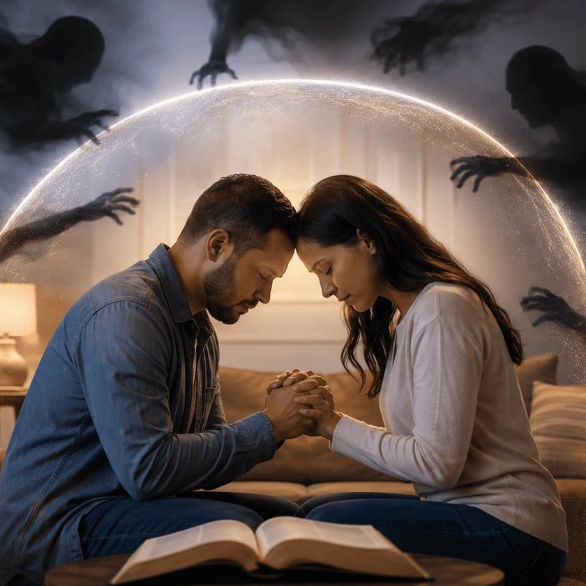 Casal sentado na sala, de mãos dadas e cabeças encostadas, com sombras ao redor e uma Bíblia aberta.
