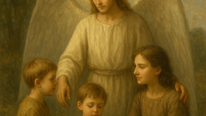 Anjo alado com auréola ampara três crianças, uma delas rezando, ao ar livre.